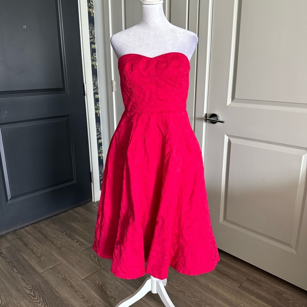Anthropologie Pink Brocade Sweetheart Strapless A-line Midi Dress Size 10